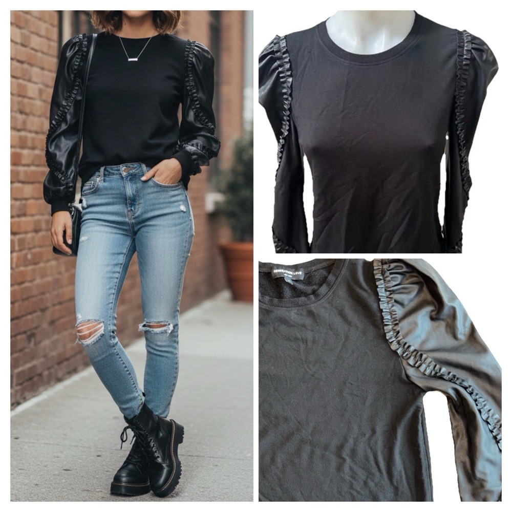 Generation Love XS Black Georgia Sweatshirt Faux Leather Ruffle Sleeves $175